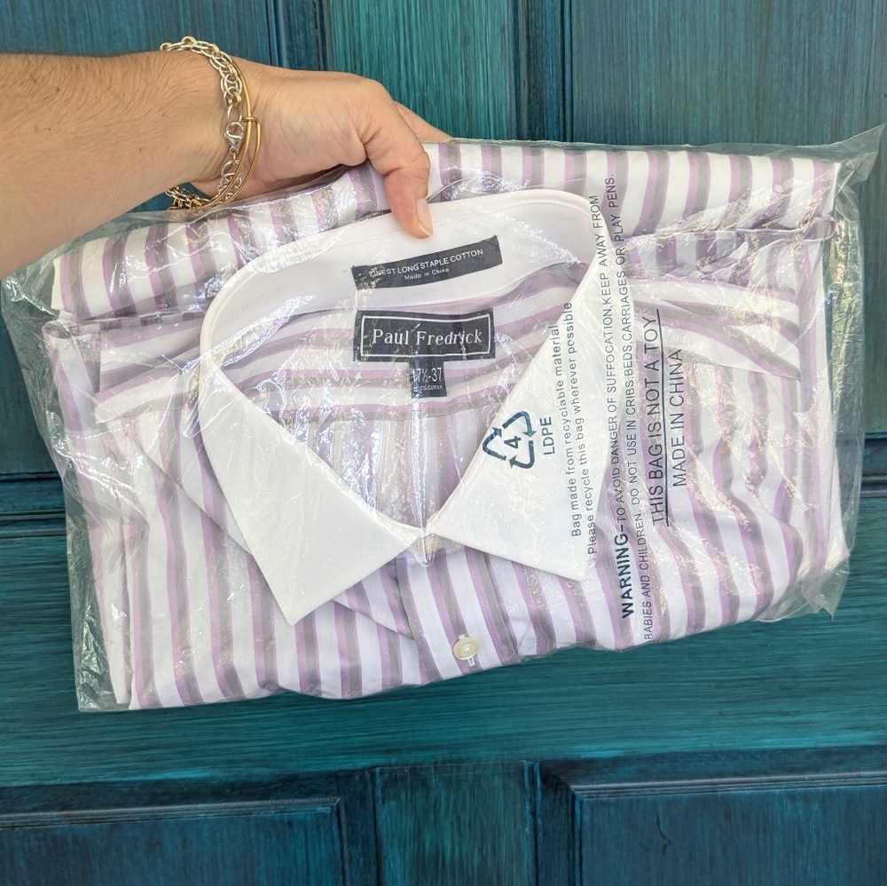 NWT Paul Fredrick Men’s Striped Dress Shirt 17.5 – Cuff Link Sleeve Business